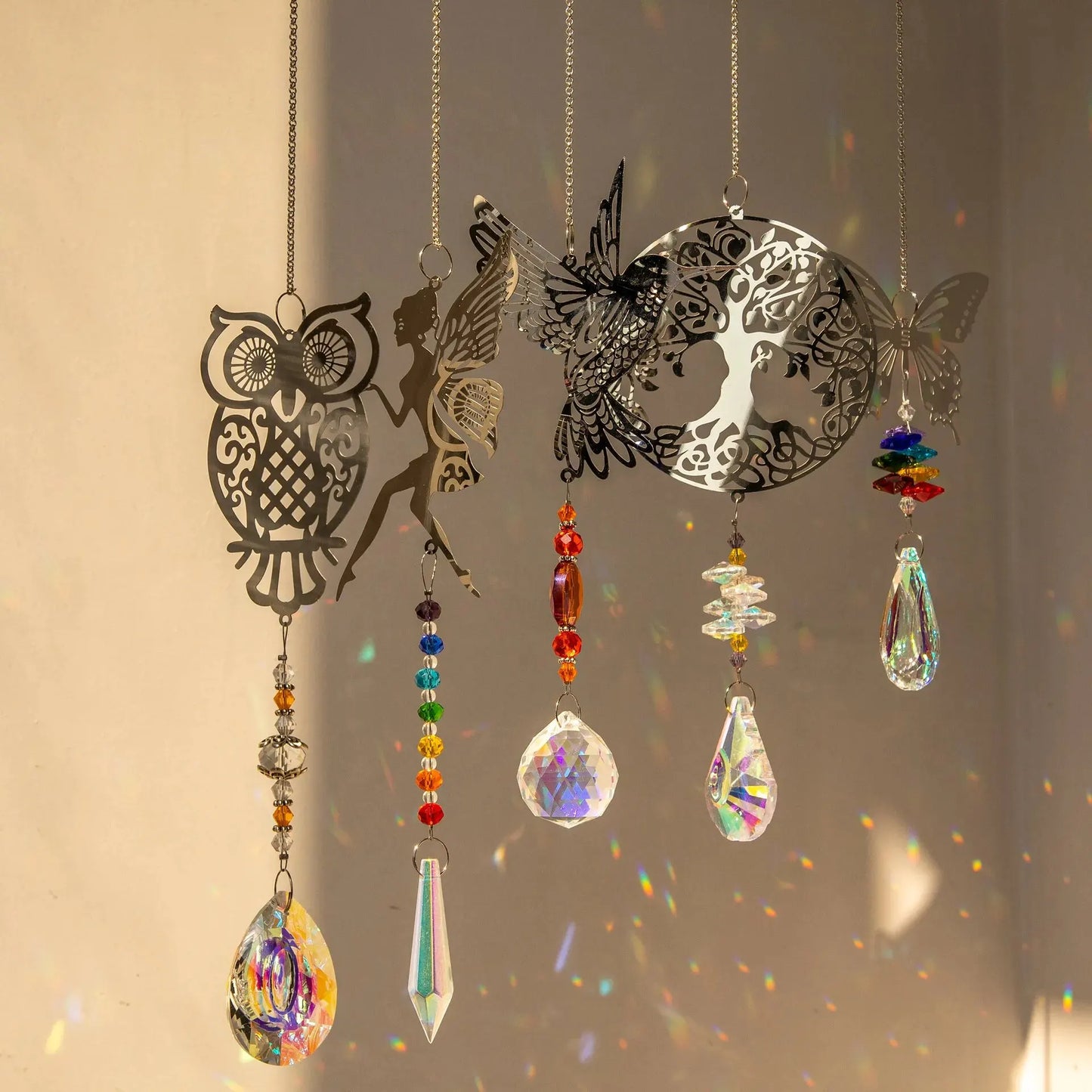 Attrape-Lumière Cristal Facetté – Arbre de Vie, Hibou, Colibri, Papillon