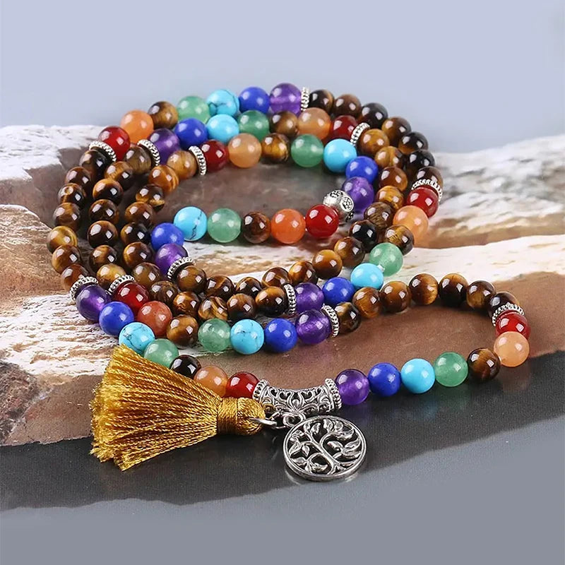 Bracelet Mala 7 Chakras & Œil de Tigre – Arbre de Vie