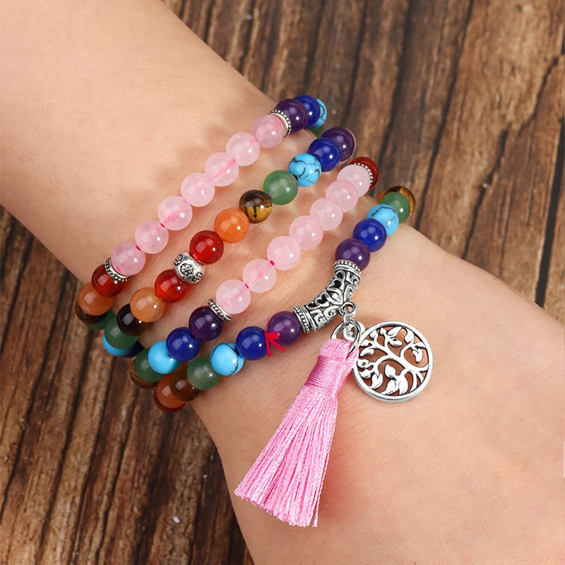 Bracelet Mala 7 Chakras & Quartz Rose – Arbre de Vie