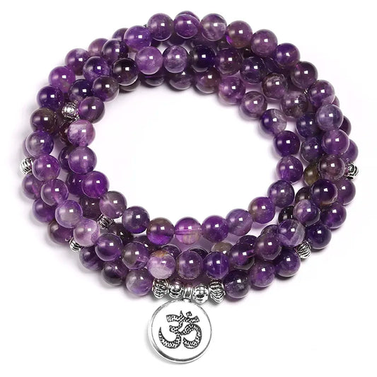 Bracelet Mala en Améthyste & Symbole Om – Élévation Spirituelle & Sérénité Intérieure